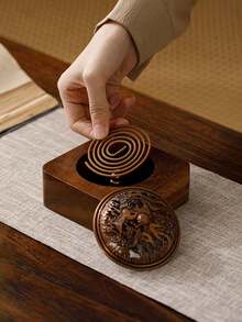 1pc Solid Walnut Wood Incense Burner - Dragon & Phoenix Lid Walnut Wood Zen Tea Ceremony Incense Burner Home Decor Chinese Style Indoor Agarwood Incense Stick Holder With Perforated Lid - Multicolor - View 4