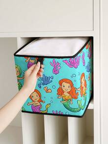 1 pieza Caja de almacenamiento abierta con estampado de sirena de dibujos animados, organizador apilable, diseño resistente y de múltiples usos que ahorra espacio para el hogar, dormitorio, organización del hogar, almacenamiento debajo de la cama