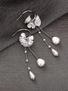 1 Pair Tassel Chain Faux Pearl Flower Dangle Swing Earrings For Women - Silver - View 5