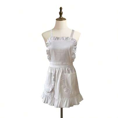 1PC Maid Pure White Ruffle Double Pocket Apron, Family Princess Apron, Maid Fashion Apron, Perfect For Family Fashion Cooking, Home Cleaning, Kitchen, Bathroom, Household Supplies,Aprons ,Grilling, BBQ ,Cooking