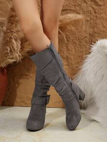 Bốt cao đến đầu gối bằng da lộn kiểu Âu Mỹ mới thu/đông có gót dày và khóa thắt lưng, bốt cao đến đầu gối cho nữ, dự tiệc - Xám - Xem 6