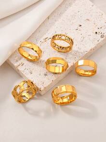 4/5 件精致时尚法式浪漫不锈钢镀18k金双层磨砂戒指双排水钻戒指罗马氧化锆女士金戒指四件套，女士礼物送给女孩的礼物送给妈妈的礼物，适合女性日常佩戴