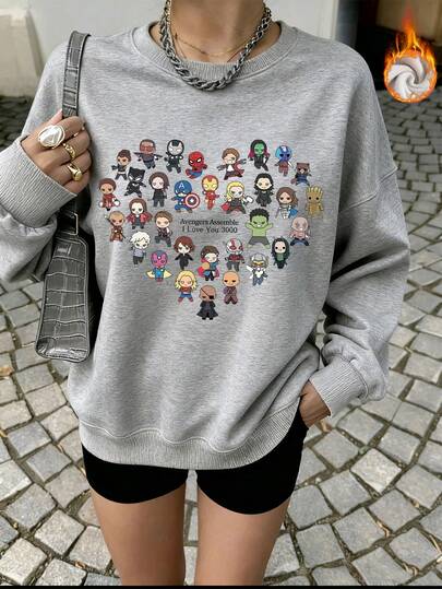 Marvel Sudadera cálida de cuello redondo para mujer, top de algodón para mujer, estampado chibi de Los Vengadores, sudadera holgada con curvas, ideal para otoño/invierno, con forro polar cálido, sudadera informal holgada, elegante y versátil, estilo vintage/preppy, para estar en casa, ropa de abrigo suave y transpirable, top de manga larga para clima frío, sudadera urbana para mujer, sudadera de cuello redondo para viajes, sudadera italiana, disfraz de Halloween.