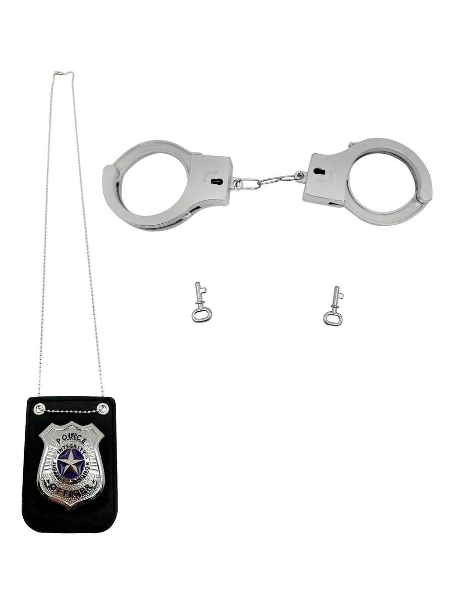 2个万圣节塑料手铐（内径小于5厘米），通用服装道具，皮革/金属警长徽章，西部背心徽章，副警长徽章，牛仔派对装饰徽章，不锈钢角色扮演游戏徽章，万圣节道具 - 彩色 - 查看 1