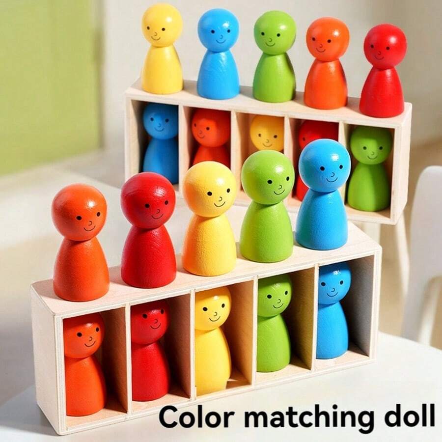 1 Box Wooden Educational Toy, 5-Color Wooden Dolls Sorting Game, Children Color Matching Classification Smiling Dolls, Infant Early Education Intellectual Enlightenment Toy, Perfect Gift For Birthday And Christmas