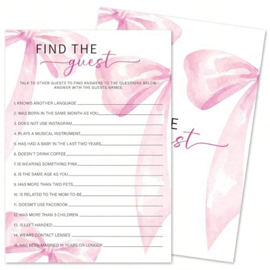 Find The Guest Game Cards For  Shower Games Activity 30 Pink Bow  Shower Game Cards Gender Reveal Party Games Supplies And Activities P11 - 粉紅蝴蝶結尋找客人 - 查看 1
