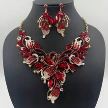 3PC Exaggerated Oil Painting Necklace Earrings Set Dress Bride Banquet Accessories Set - 04-1819 Red - View 1
