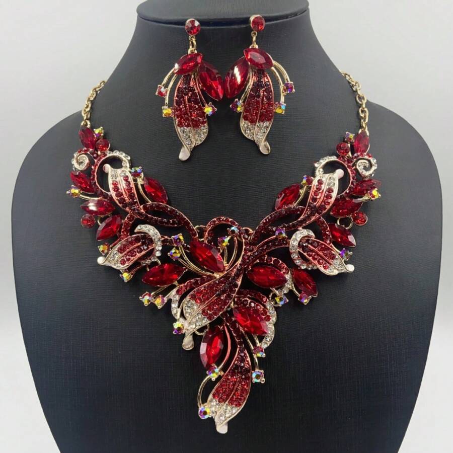 3PC Exaggerated Oil Painting Necklace Earrings Set Dress Bride Banquet Accessories Set - 04-1819 Red - View 1