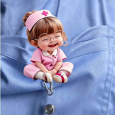 2D 平面亚克力护士女孩证件卡套 - 可伸缩卡扣，耐用标签，适合医学生和执业护士 - 耐用 PMMA 材质，适用于工作场所身份识别、医疗标签夹 | 趣味设计 | 耐用亚克力材质，护士配件，返校季，教师礼物