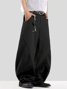 1pc Justice Brother Retro Denim Jeans, Personalized Curved Knife Design, Casual Street Style Wide Leg Loose Fit Washed High-End Pants For Men, Grunge - Black - View 7