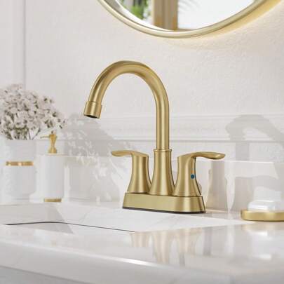 Brushed Gold Bathroom Faucet - 4 Inch 3 Hole 2-Handle Centerset Vanity Mixer Taps With Drain, 360°Swivel,High Arc Design, For Bathrooms,Motorhomes,Hotels, And Pension,Bathroom Decor And Accessories