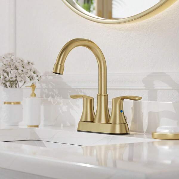 Brushed Gold Bathroom Faucet - 4 Inch 3 Hole 2-Handle Centerset Vanity Mixer Taps With Drain, 360°Swivel,High Arc Design, For Bathrooms,Motorhomes,Hotels, And Pension,Bathroom Decor And Accessories
