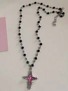 Gothic Y2K Pink Cross Heart Pendant Rope Chain Necklace For Women Fashion Hip Hop Rave Gift Jewelry Accessories - Pink - View 11