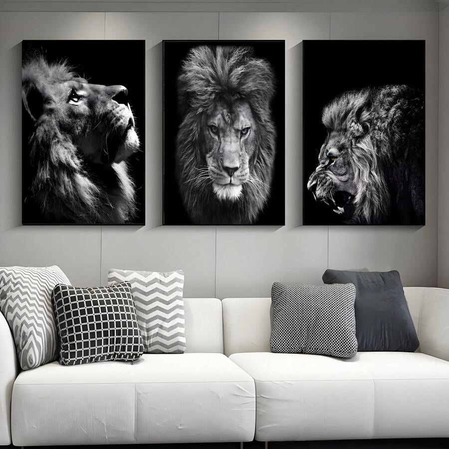 3 Stücke Löwen Leinwandgemälde - Lebendige Wandkunst Poster für Wohnzimmer und Schlafzimmer Dekoration - Hochwertige Leinwanddrucke für Heimdekoration mit optionalem Rahmen - Schwarz und Weiss - Übersicht 1