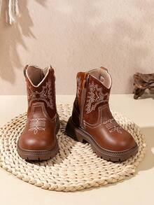 1 par de botas planas estilo occidental bordadas para bebé, botas cómodas y ligeras adecuadas para uso casual y al aire libre en otoño/invierno - Marrón - Ver 1