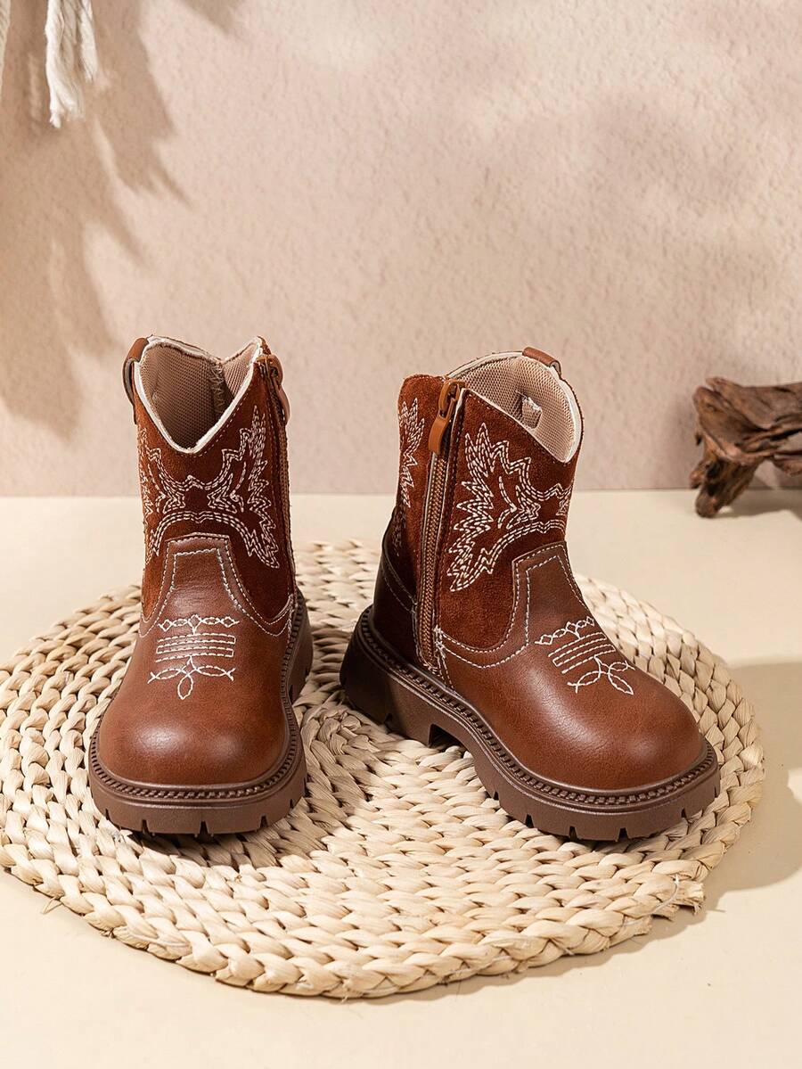 1 par de botas planas estilo occidental bordadas para bebé, botas cómodas y ligeras adecuadas para uso casual y al aire libre en otoño/invierno - Marrón - Ver 1