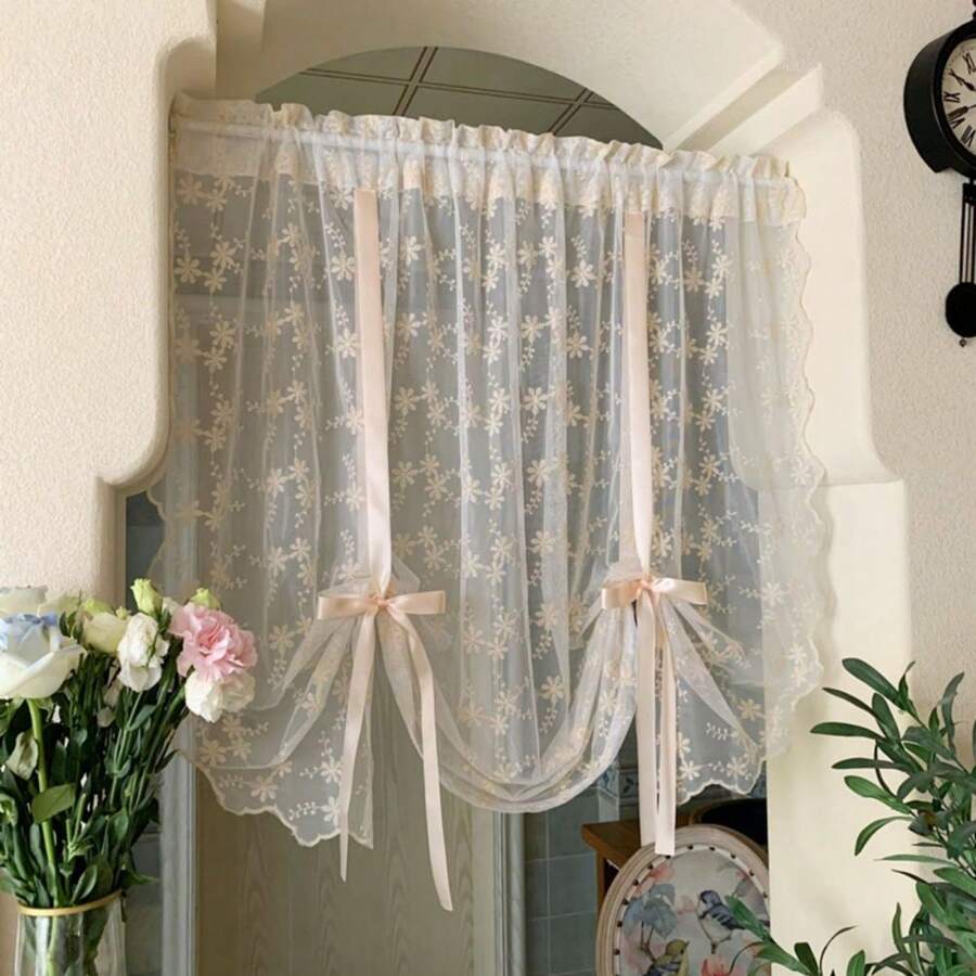Beige Romantic Little Floral Woven Lace Tie Up Balloon Curtain For Kitchen Liftable Tier Roman Blind Victorian Drapes For Small Window Cafe Balcony Rod Pocket - 杏色 - 查看 1