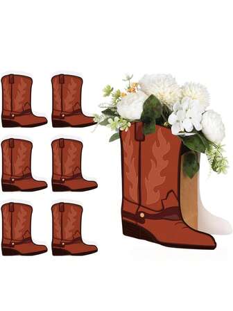 6 Set Brown Western Cowboy Boots Flower Centerpieces - Boot Shaped Decorative Box With Floral Arrangement, Western Theme Party Decor For Cowgirl Birthday, Cowboy Baby Shower, Wedding Supplies, And Rustic Home Decor