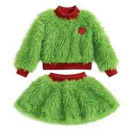 Little Girl Green Monster Outfit Fuzzy Long Sleeve Mock Neck Pullover With A-Line Short Skirt 2 Pcs Christmas Set