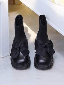 1 双黑色舒适柔软儿童靴子，时尚女童鞋，校园风格漆皮儿童踝靴，蝴蝶结女童鞋 - 黑色 - 查看 4