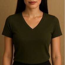 Kit Of 4 Basic V-Neck Short Sleeve Ribbed Blouses - White, Black, Beige, Military Green - View 3