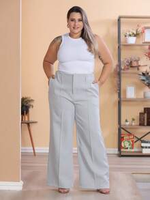 Plus Size Wide Leg Pants, New Fashion Tailored Fabric - 淺灰色 - 查看 1