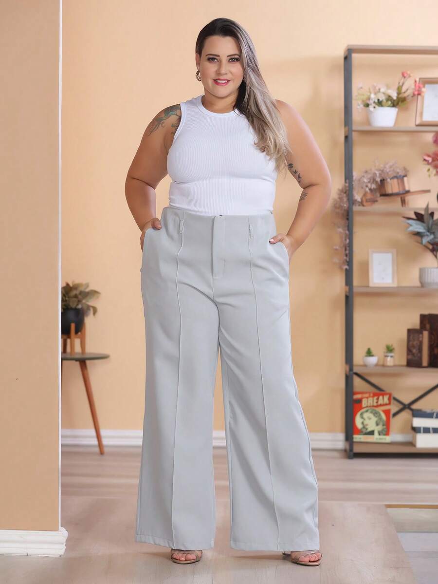 Plus Size Wide Leg Pants, New Fashion Tailored Fabric - 淺灰色 - 查看 1