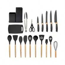 19-Piece Silicone Kitchen Utensil Set With Heat-Resistant Wooden Handles - Premium Non-Stick Utensil Set - 灰色 - 查看 2