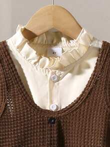 3pcs Young Girl Solid Color Frill Collar Long Sleeve Shirt, Button Design Vest And Pants Casual Set - Brown - View 4