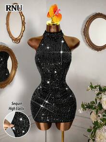 RNU 彩色亮片露背弹力性感紧身连衣裙，适合约会、狂欢派对、夜店、街头、情人节、新年生日等场合，春夏秋冬皆宜。 - 黑色 - 查看 3