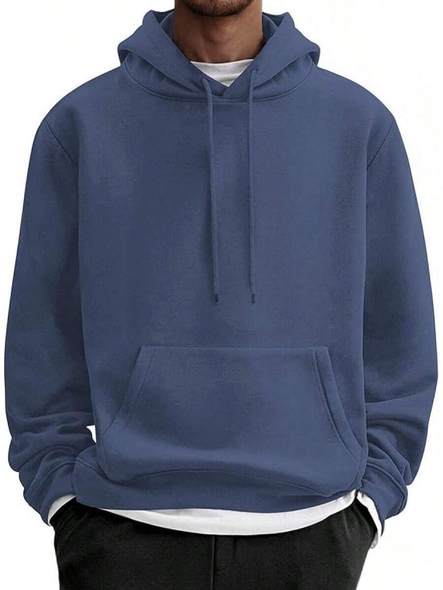 Men Cotton Fleece Hooded Sweatshirt Casual Long Sleeve Hoodies Pullover Fashion Drawstring Hoodie With Kanga Pocket - 藏蓝色 - 查看 1