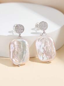 AETOLIA 925 Sterling Silver Baroque Pearl Earrings With Crystal Rhinestones, 14x20mm Rectangular Pearl Drop, Luxury Wedding Party Earrings For Women, Elegant Statement Dangling Ear Jewelry