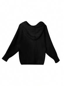 Women's Solid Color Knit Cardigan With Zipper Pockets, Casual Everyday Wear Black - Black - View 4