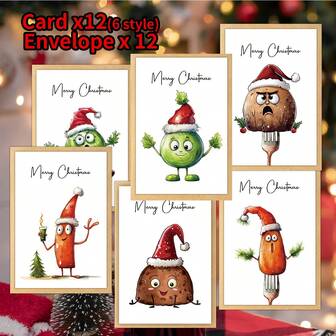 12pcs Merry Christmas Greeting Cards With Envelopes, Vegetable Designs With Potatoes, Carrots, Peas, And Chili For Holidays, Xmas Celebrations And Parties, Festive Wishes Card - Suitable For Anyone