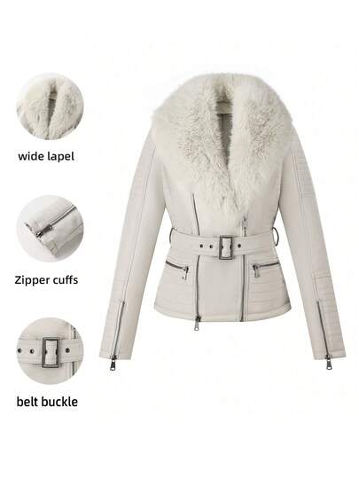 Risissida Women's Faux Leather Jacket For Autumn, Detachable Fur Collar, Motorcycle Style Jacket With Faux Fur Collar, Comes With Belt