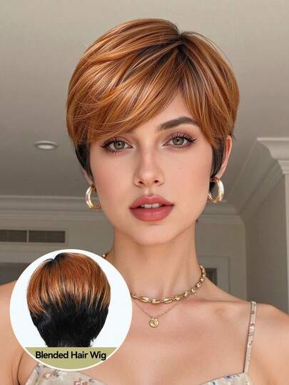 6英寸斜刘海短直发假发，日常优雅的短层次感侧刘海假发，自然融合发质，适合日常、派对、节日和角色扮演，女士发型假发