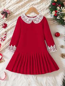 BASUSARRI Vestido de menina estilo natalino, elegante, versátil, com gola Peter Pan vazada, renda plissada, festa de aniversário, vestido vermelho grande, adequado para passeios, outono/inverno