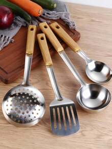 5pcs-Kitchen Utensils Set Professional Slotted Spoon, Soup Ladle, Turner, Spatula & Rice Scoop ETC. Suitable For Cast Iron Wok Cooking, Sauteing & Frying Vegetables And Meat,Christmas Festival Cooking Helpers - Màu gỗ - Xem 2