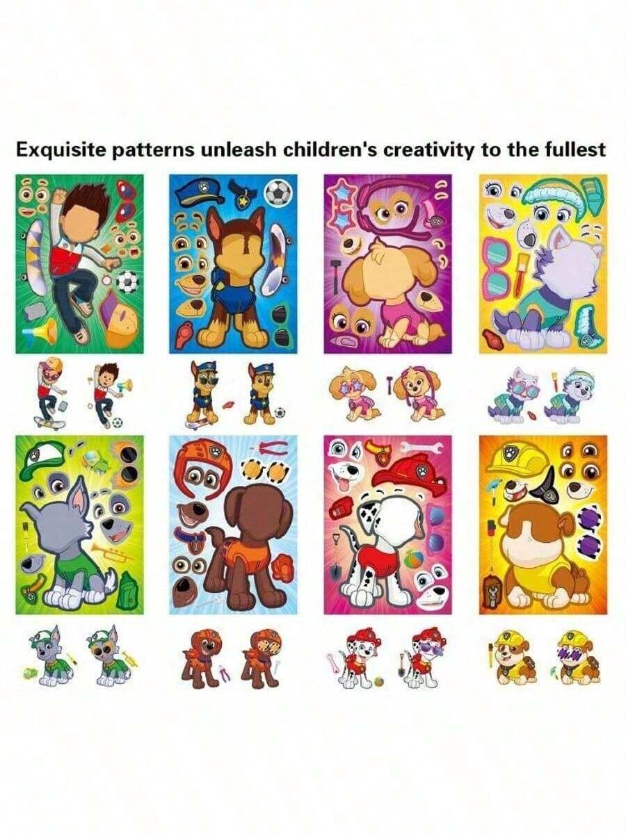 Paw Patrol Paw Patrol 8/16 Sheets Cute PAW Patrol Puzzle Anime Stickers, DIY Make-A-Face Assemble Funny ,Cartoon Decal Assemble Jigsaw Gift Toy