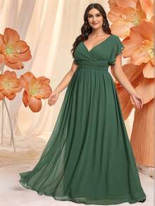 Plus Size Bridesmaid Dress Cap Sleeve Ruched V Neck Plain Backless High Waist Pleated Asymmetrical Skirt Chiffon Green Bridesmaid Dress For Wedding Party Dresses Mother Of Bride Dress For Wedding - Green - View 8
