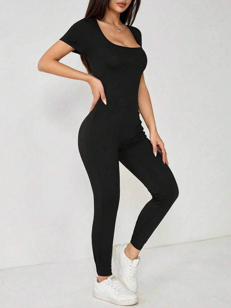 Mono deportivo de manga corta con cuello cuadrado para mujer de unicolor, de corte ceñido de moda - Negro - Ver 1