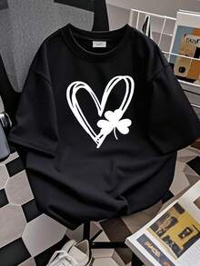 Women T-Shirt Print Shamrock And Hand Drawn Heart St Patty's Day Shirt,St. Patricks Day Shirt,Four Leaf Clover,Shamrock Shirts,Patrick's Day,Irish Tshirt Unisex Designer Clothes Fashion Soft Women Top Graphic Tees Comfortable Slightly Streetwear Female Breathable - Black - View 3