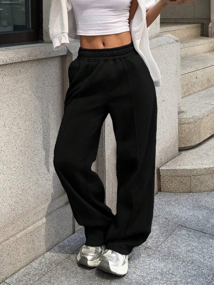 Women's Casual Loose Solid Color Elastic Waist Sweatpants - Black - View 1