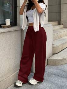 Sulojter Casual Loose Solid Color Elastic Waist Sweatpants - Burgundy - View 8