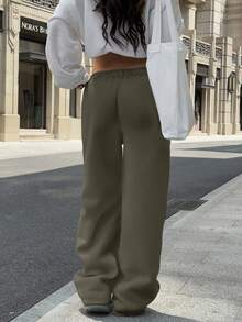 Sulojter Casual Loose Solid Color Elastic Waist Sweatpants - Khaki - View 5