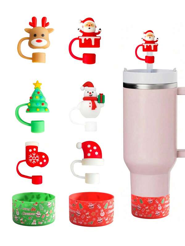 6pcs/1pc Christmas 10mm/0.4in Silicone Straw Cover Reusable Dustproof And Splash Straw Cover - Santa Claus Christmas Tree Snowman Deer Christmas Hat Design, Christmas Anti-Slip Anti-Scratch Cup Boot Sole Sleeve Cover, Suitable For 30-40oz Cup, Christmas Cup Decoration, Cup Accessories, Christmas Party Gifts