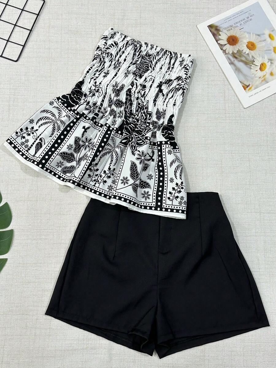 Women's Two Piece Set, Strapless Printed Top And Plain Shorts, Casual Summer Outfit - Black - View 1