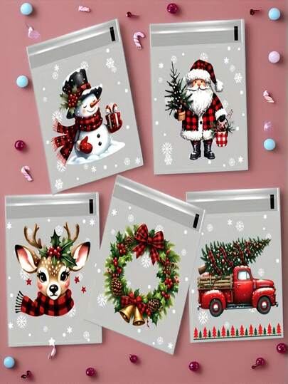 10/50/100 Christmas Gift Packaging Bags, 5 Patterns Of Self-Adhesive Bags Mixed Pack, With Snowflake, Santa Claus And Holly Pattern Self-Adhesive Sealing Bags - Suitable For Christmas Decorations And Gifts 10*10+1.18 Inches