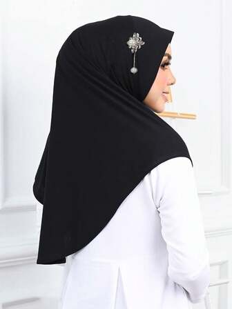 1pc Fashionable, Elegant, Stretchy, Convenient, Instant Hijab For Women, Solid Color With Crystal & Pearl Pendant Decoration