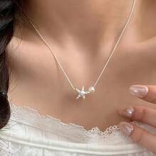 1pc Women's Elegant Starfish Imitation Pearl Pendant Necklace, Simple Versatile Alloy Short Necklace, Fashion Minimalist Design, Charming Collarbone Chain Jewelry, Suitable For Daily Wear Christmas Gift - 銀色 - 查看 2